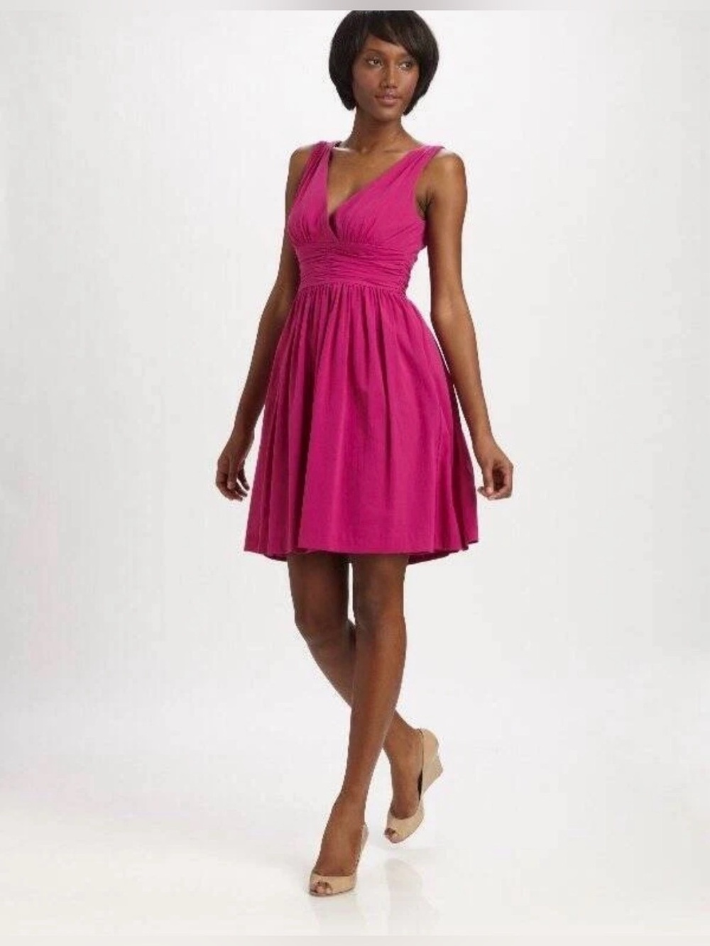 New Trina Turk Reina Pink Size 8 Fit & Flare V-Neck Fuchsia 100% Cotton Summer